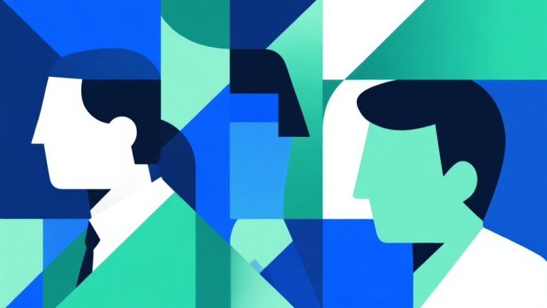 自动生成图片: Abstract geometric composition with overlapping shapes in blue and green tones, representing different player personalities, modern minimal style, professional psychology concept illustration high quality illustration, detailed, 16:9