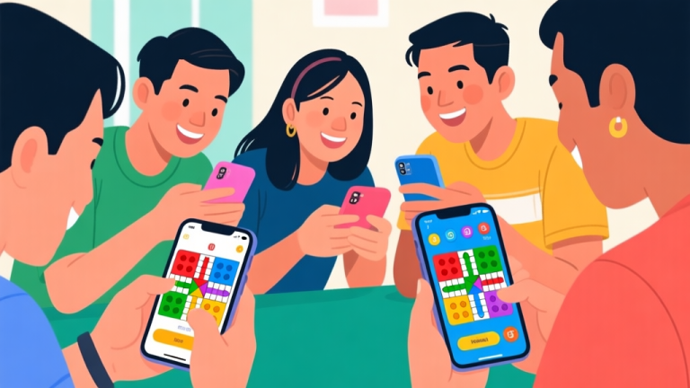 自动生成图片: Group of Indonesian friends playing Ludo on smartphones together, colorful game interface visible on screens, casual social setting, modern illustration style high quality illustration, detailed, 16:9