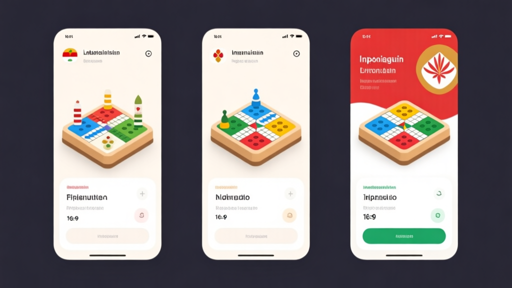 Comparison interface showing three different Ludo app screens side by side, highlighting features differences, clean modern design with Indonesian aesthetic elements high quality illustration, detailed, 16:9