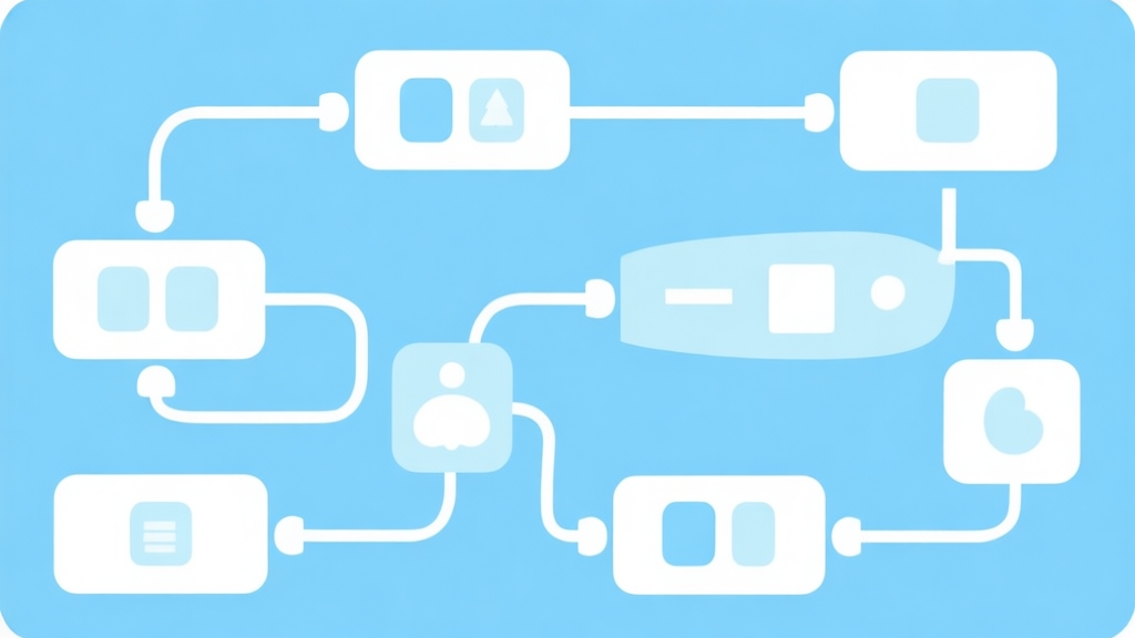 Simple flowchart illustration with connected game paths, light blue and white color scheme, clean minimal design, board game strategy concept high quality illustration, detailed, 16:9