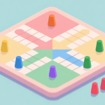 自动生成图片: Simple Ludo board with colorful tokens, minimalist game design, soft pastel colors, clean geometric shapes, digital board game illustration high quality illustration, detailed, 16:9