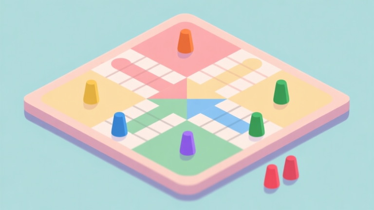 自动生成图片: Simple Ludo board with colorful tokens, minimalist game design, soft pastel colors, clean geometric shapes, digital board game illustration high quality illustration, detailed, 16:9