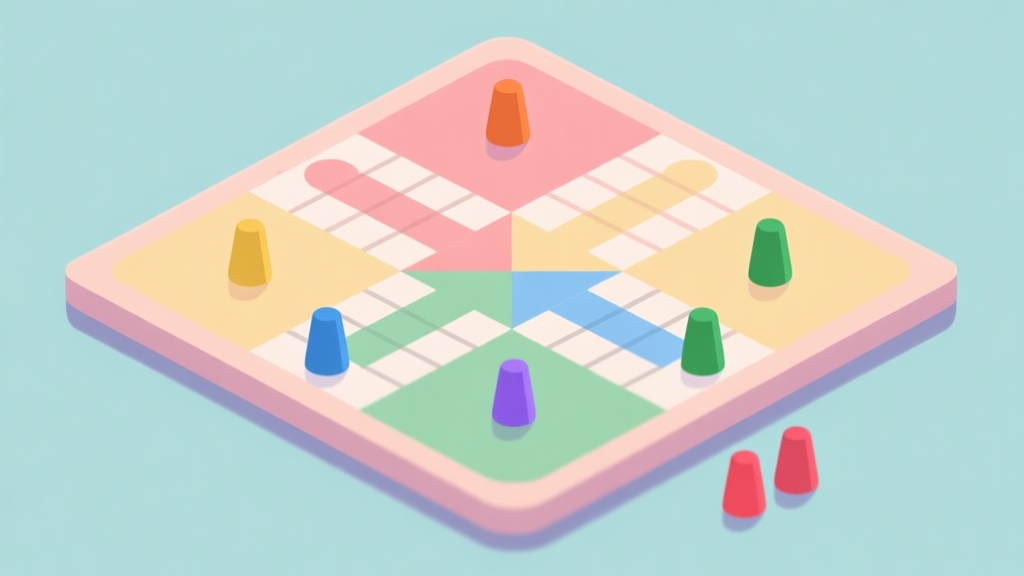 Simple Ludo board with colorful tokens, minimalist game design, soft pastel colors, clean geometric shapes, digital board game illustration high quality illustration, detailed, 16:9