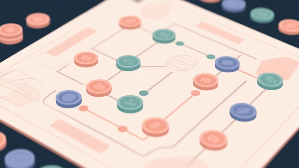 Abstract strategy diagram showing token movement patterns, soft color scheme, clean lines, minimalist game strategy illustration high quality illustration, detailed, 16:9