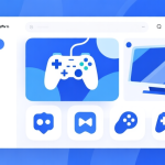自动生成图片: Modern gaming platform interface showing various game icons, clean layout with blue and white color scheme, minimalist design, abstract game controllers and screens high quality illustration, detailed, 16:9