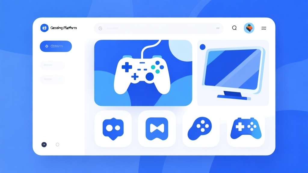 Modern gaming platform interface showing various game icons, clean layout with blue and white color scheme, minimalist design, abstract game controllers and screens high quality illustration, detailed, 16:9