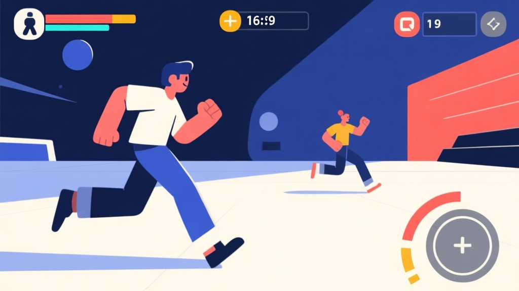 Dynamic action game scene with character movement, clean visual style, gaming interface elements, minimalist design with bold colors high quality illustration, detailed, 16:9