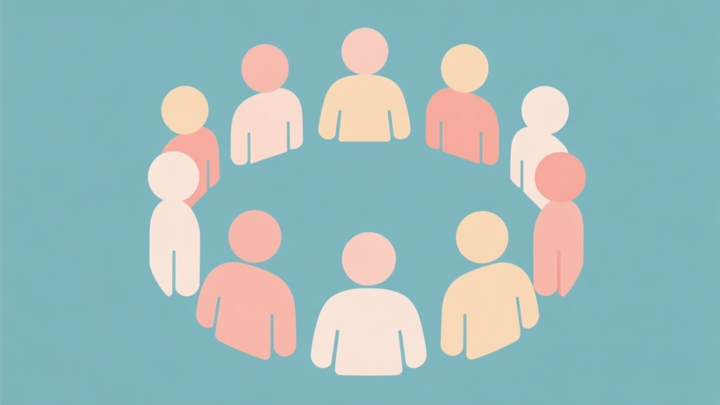 Simple human figures in circular arrangement, soft colors, flat design icons, teamwork concept illustration, minimalist style high quality illustration, detailed, 16:9