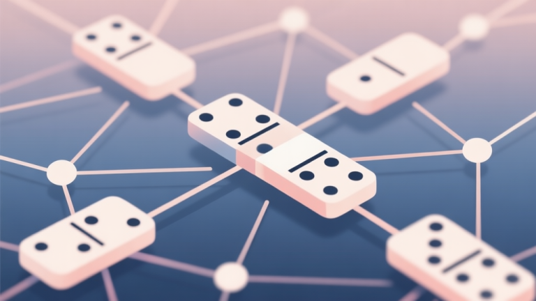 自动生成图片: Abstract network nodes connected by lines representing domino pieces, soft color scheme, clean minimal illustration, modern digital concept high quality illustration, detailed, 16:9