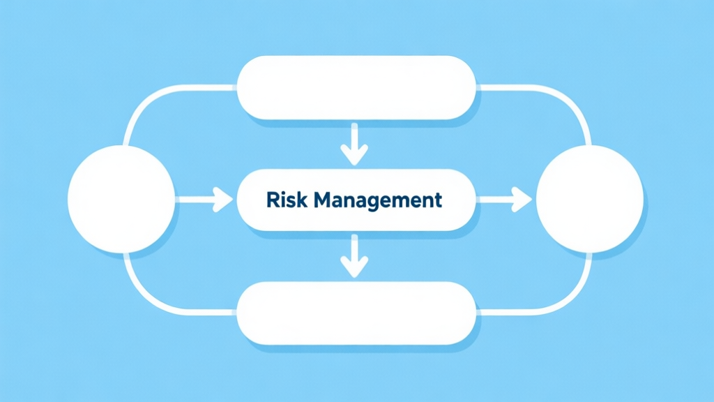 Simple flowchart illustration with connected circles and arrows showing risk management strategy, light blue and white color scheme, clean minimal design high quality illustration, detailed, 16:9