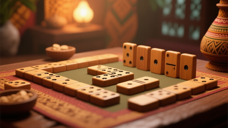 自动生成图片: Traditional Indonesian domino game setup with wooden tiles, warm lighting, cultural elements in background, realistic style with soft focus high quality illustration, detailed, 16:9