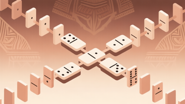 自动生成图片: Abstract network of domino tiles connected in elegant pattern, soft earth tones with subtle gradients, clean minimalist design, Indonesian cultural elements in background high quality illustration, detailed, 16:9