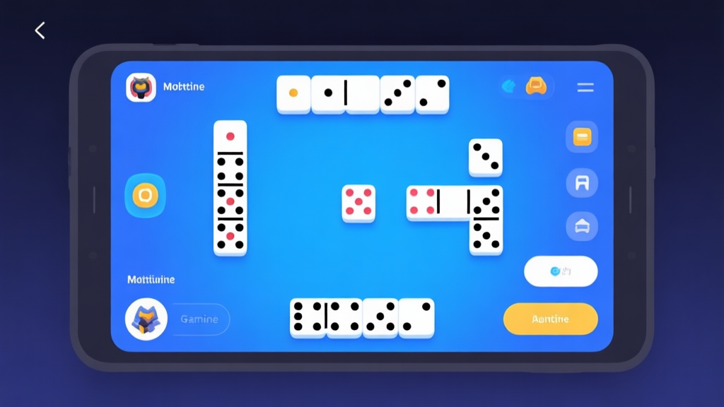 Modern mobile gaming interface showing domino game layout, clean blue and white design, intuitive icons and buttons, professional gaming app aesthetic high quality illustration, detailed, 16:9