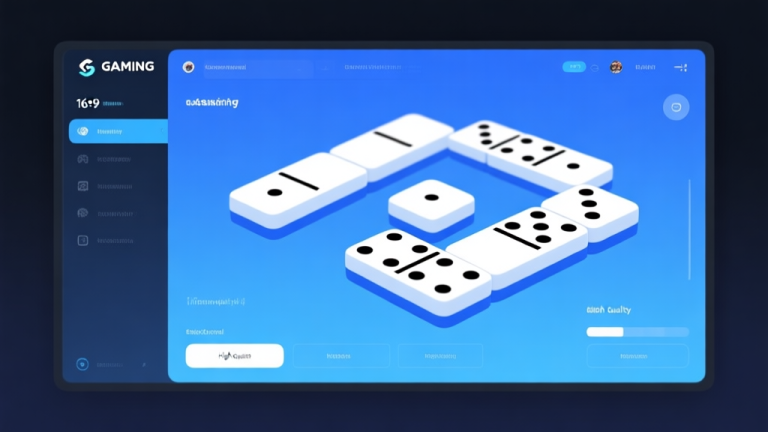 自动生成图片: Modern gaming interface showing domino tiles on digital screen, clean blue and white color scheme, professional gaming platform design, minimalist style high quality illustration, detailed, 16:9