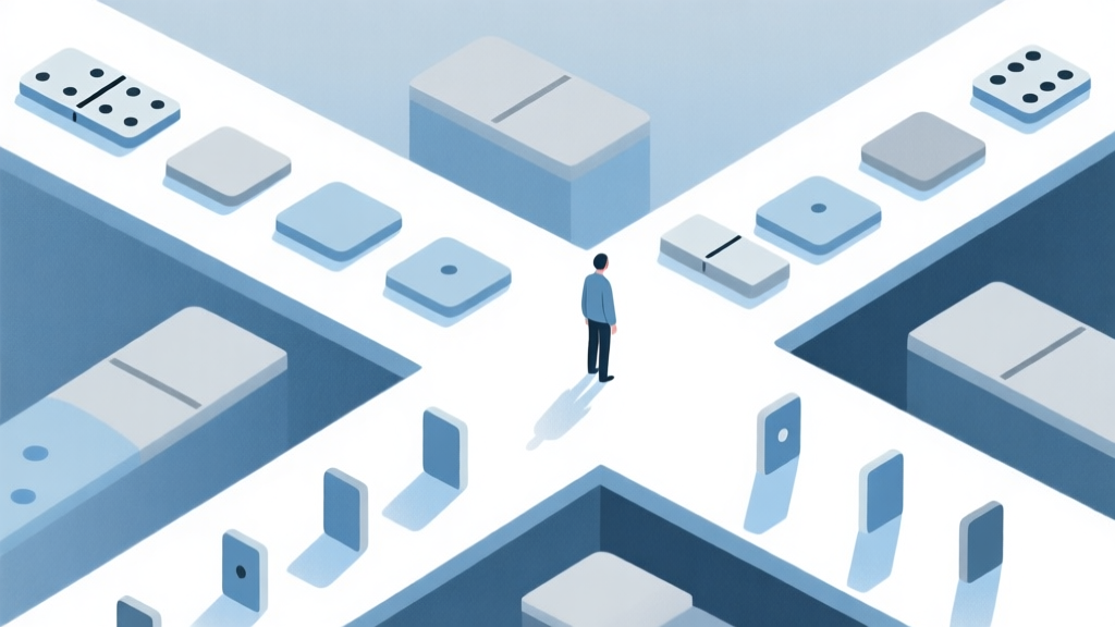 Abstract composition showing a person at crossroads with multiple domino platform options, soft blue and grey color scheme, clean minimal design, decision making concept high quality illustration, detailed, 16:9