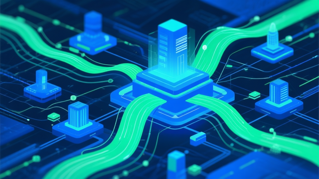 Abstract network optimization diagram with flowing data streams, blue and green color scheme, modern digital infrastructure concept, clean technical illustration high quality illustration, detailed, 16:9