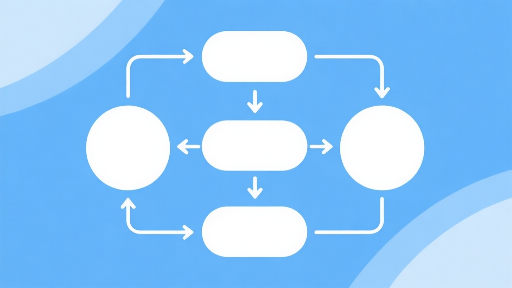 Simple flowchart illustration with connected circles and arrows, light blue and white color scheme, clean minimal design, business presentation style high quality illustration, detailed, 16:9