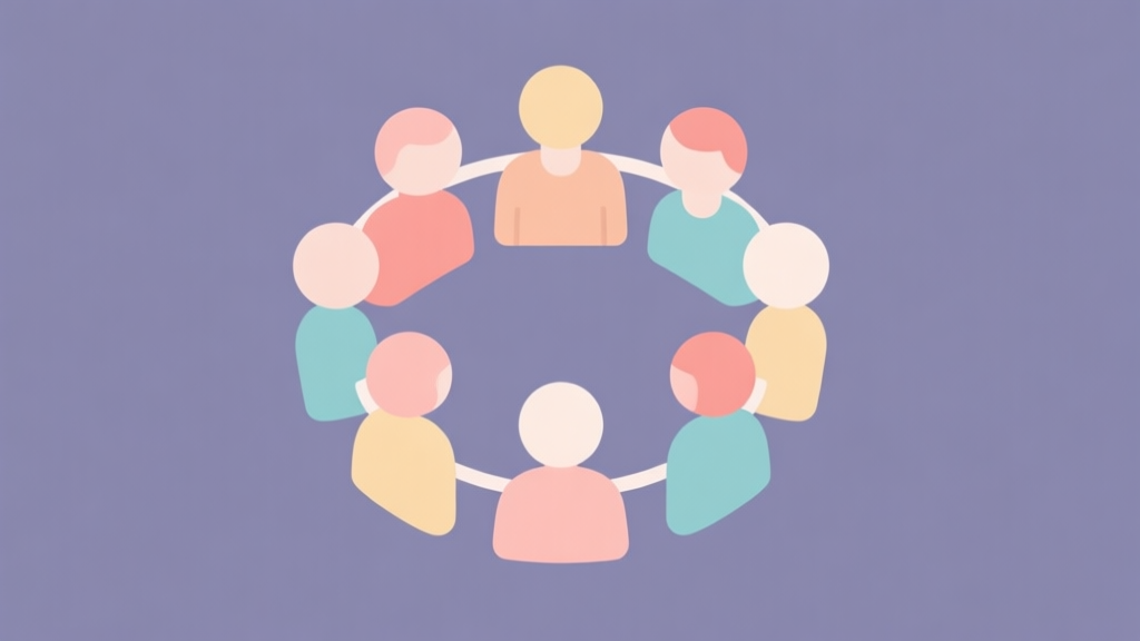 Simple human figures in circular arrangement, soft colors, flat design icons, teamwork concept illustration, minimalist style high quality illustration, detailed, 16:9