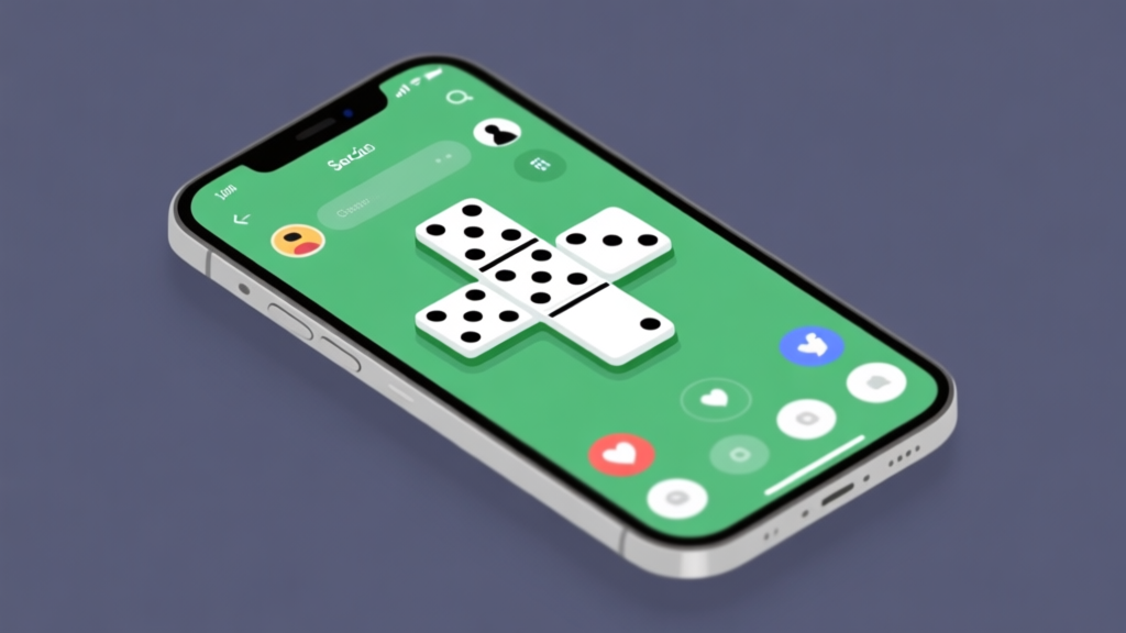 Modern smartphone showing domino game interface with social features, clean app design, intuitive user experience, minimalist style high quality illustration, detailed, 16:9