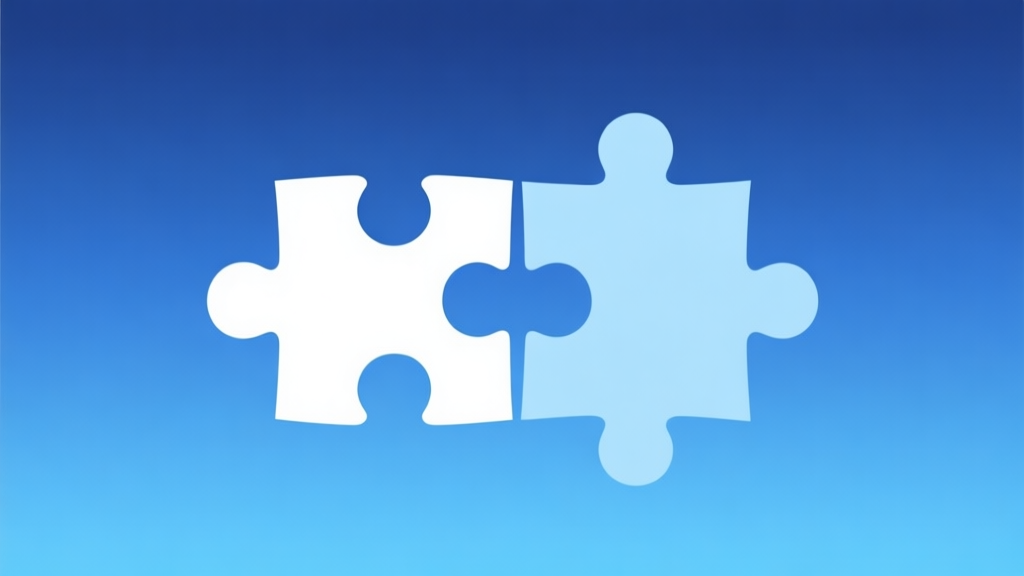 Simple puzzle pieces connecting together, gradient blue background, clean flat design, business solution concept, minimalist style high quality illustration, detailed, 16:9