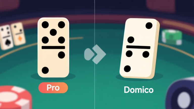 自动生成图片: Perbandingan visual antara tampilan domino versi pro dan biasa, menunjukkan perbedaan antarmuka, kualitas grafis, dan fitur tambahan, dengan gaya ilustrasi digital yang clean dan profesional high quality illustration, detailed, 16:9