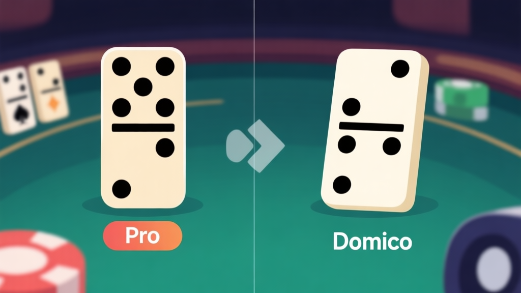 Perbandingan visual antara tampilan domino versi pro dan biasa, menunjukkan perbedaan antarmuka, kualitas grafis, dan fitur tambahan, dengan gaya ilustrasi digital yang clean dan profesional high quality illustration, detailed, 16:9