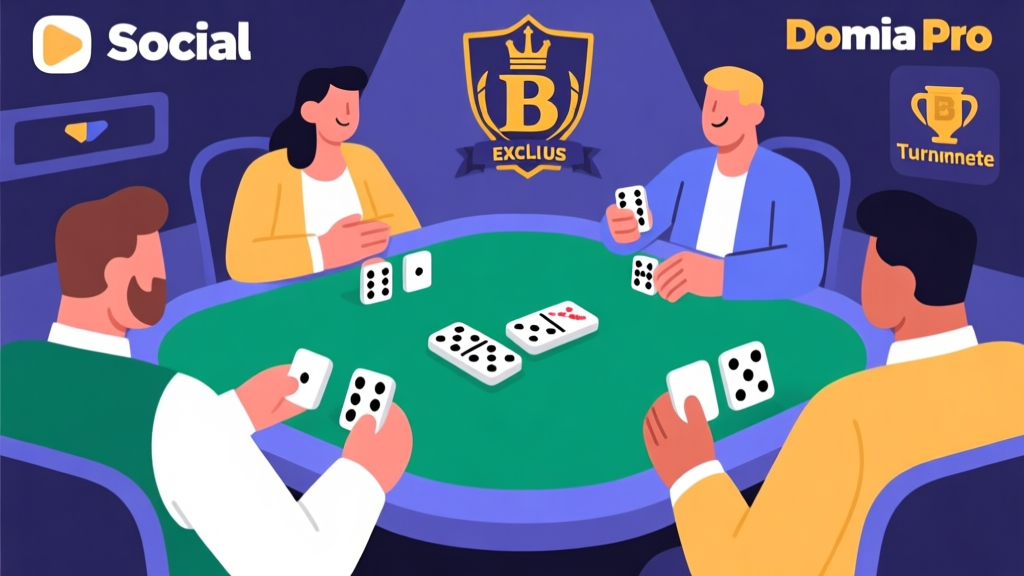 Ilustrasi fitur sosial dalam permainan domino versi pro, menunjukkan interaksi antar pemain, klub eksklusif, dan turnamen privat dengan gaya desain modern dan minimalis high quality illustration, detailed, 16:9