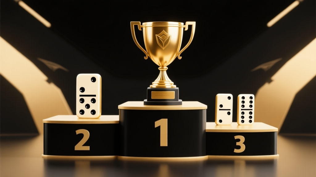 Elegant tournament podium with trophy and domino pieces, gold and black color scheme, premium gaming competition concept, minimalist style high quality illustration, detailed, 16:9