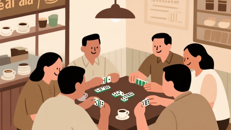 自动生成图片: Ilustrasi abstrak sekelompok orang bermain domino di warung kopi tradisional Indonesia, suasana hangat dan ramah, warna earth tone yang soft, gaya minimalis dengan fokus pada interaksi sosial high quality illustration, detailed, 16:9