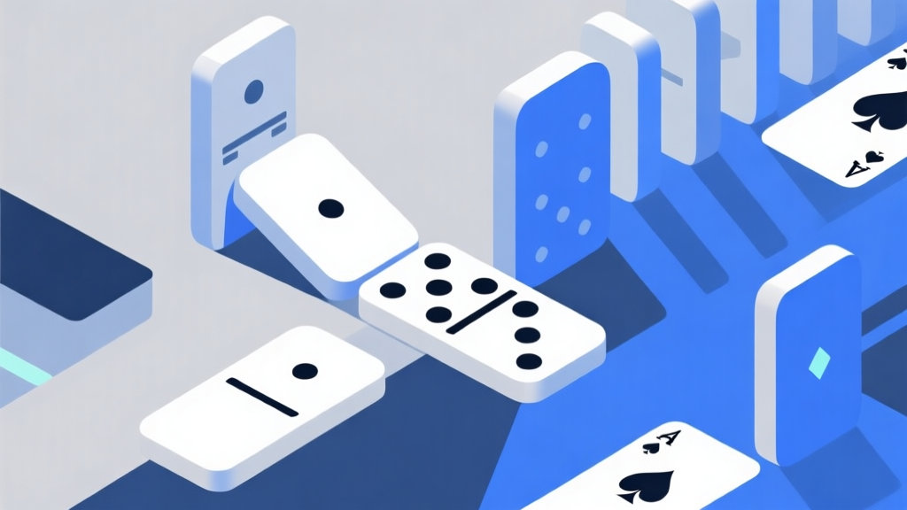 Komposisi abstrak menunjukkan transisi dari domino tradisional ke versi digital, dengan elemen kartu fisik berbaur dengan interface digital yang sederhana, warna biru dan abu-abu yang kalem, gaya minimalis modern high quality illustration, detailed, 16:9