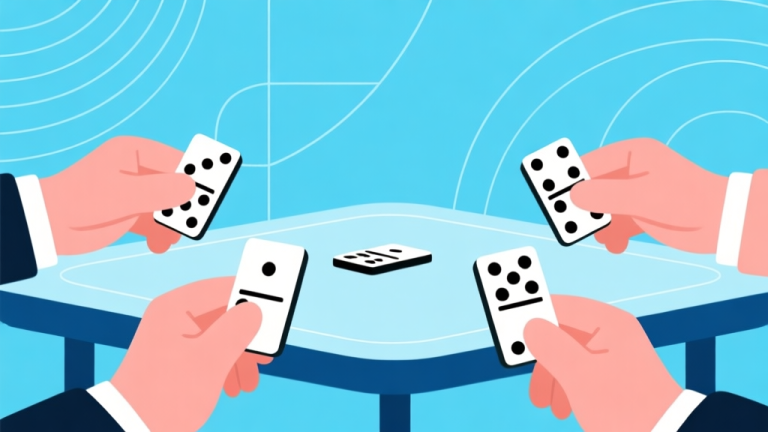 自动生成图片: Ilustrasi minimalis beberapa tangan memegang kartu domino di atas meja virtual, latar belakang biru muda dengan elemen garis abstrak, gaya desain bersih profesional high quality illustration, detailed, 16:9