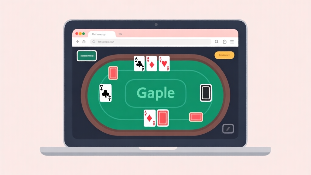 Ilustrasi minimalis perangkat laptop dengan layar browser menampilkan permainan kartu gaple, latar belakang bersih dengan warna pastel lembut, gaya desain modern dan sederhana high quality illustration, detailed, 16:9