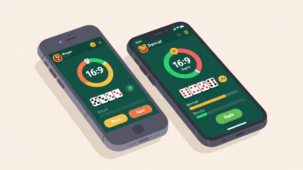 Ilustrasi dua smartphone berdampingan menampilkan versi ringan dan berat game domino gaple, dengan indikator performa yang berbeda, gaya flat design dengan warna netral high quality illustration, detailed, 16:9