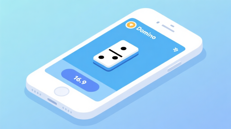 自动生成图片: Ilustrasi smartphone dengan tampilan permainan domino yang sederhana, desain minimalis dengan warna biru muda dan putih, menunjukkan interface yang ringan dan tidak memakan banyak memori high quality illustration, detailed, 16:9