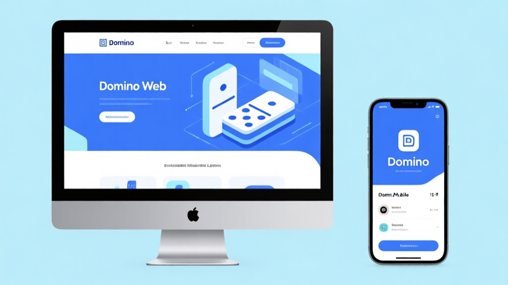 Perbandingan visual antara layar komputer dengan tampilan domino web dan smartphone dengan aplikasi domino mobile, desain minimalis dengan warna biru muda dan putih, ilustrasi konsep teknologi high quality illustration, detailed, 16:9