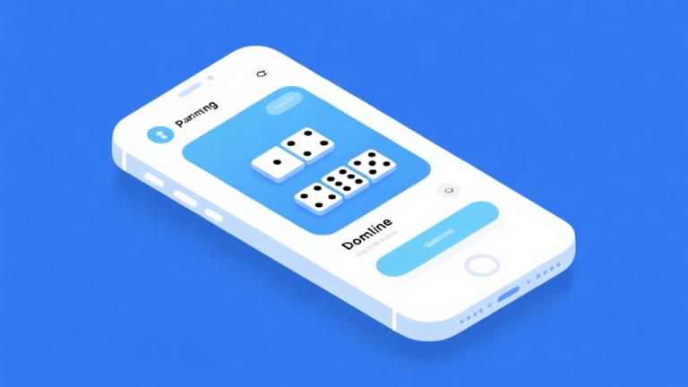 自动生成图片: Ilustrasi minimalis perangkat mobile dengan tampilan domino online, skema warna biru muda dan putih, desain bersih profesional, gaya antarmuka pengguna modern high quality illustration, detailed, 16:9