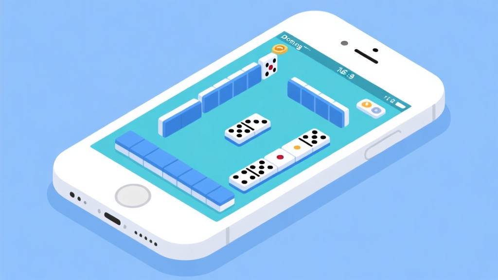 Ilustrasi minimalis perangkat iOS dengan tampilan game domino, warna biru muda dan putih, desain bersih profesional, konsep optimasi performa high quality illustration, detailed, 16:9