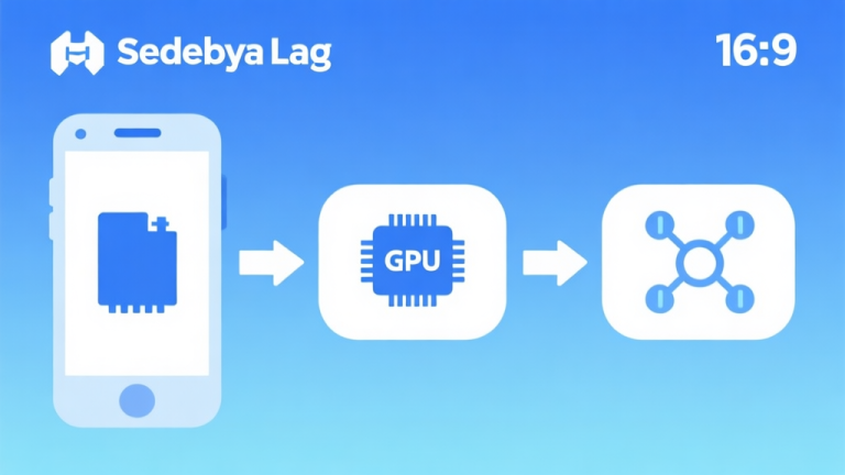 自动生成图片: Diagram alur sederhana menunjukkan penyebab lag di game mobile, dengan ikon memori, GPU, dan jaringan, skema warna biru muda dan putih, desain minimal bersih high quality illustration, detailed, 16:9