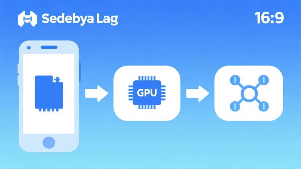 Diagram alur sederhana menunjukkan penyebab lag di game mobile, dengan ikon memori, GPU, dan jaringan, skema warna biru muda dan putih, desain minimal bersih high quality illustration, detailed, 16:9