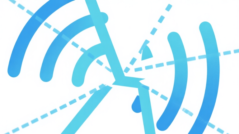 自动生成图片: Ilustrasi abstrak menunjukkan sinyal internet yang terputus-putus dengan garis putus-putus berwarna biru muda, latar belakang putih bersih, gaya minimalis profesional high quality illustration, detailed, 16:9