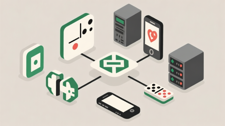 自动生成图片: Ilustrasi grafis yang menunjukkan berbagai faktor penyebab lag dalam game domino, termasuk simbol koneksi internet, perangkat mobile, dan server game, dengan gaya minimalis dan warna netral high quality illustration, detailed, 16:9