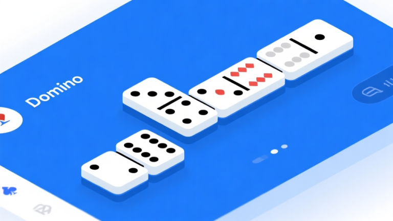 自动生成图片: Ilustrasi antarmuka aplikasi domino digital modern dengan tampilan minimalis, skema warna biru dan putih, elemen kartu domino tersusun rapi, desain clean dan profesional high quality illustration, detailed, 16:9