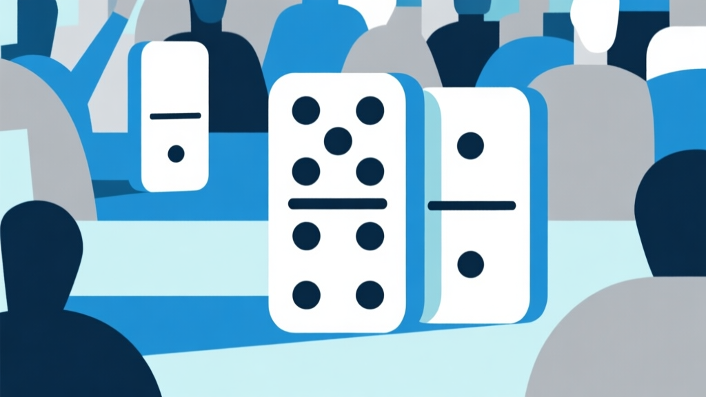 Ilustrasi abstrak pemain domino dengan latar belakang ramai, komposisi geometris minimalis, skema warna biru muda dan abu-abu, gaya profesional clean high quality illustration, detailed, 16:9