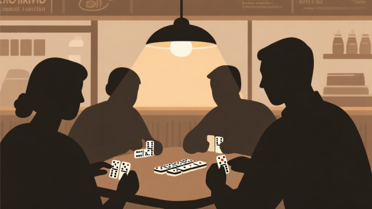自动生成图片: Ilustrasi minimalis sekelompok orang bermain domino di warung kopi, siluet kartu domino tersusun rapi, suasana hangat dengan cahaya lampu temaram, gaya ilustrasi sederhana dengan warna earth tone high quality illustration, detailed, 16:9