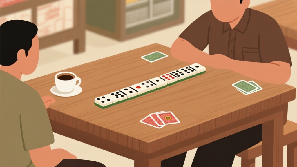Ilustrasi minimalis permainan domino tradisional dengan kartu berjajar di atas meja kayu, suasana santai khas warung kopi Indonesia, warna earth tone yang hangat high quality illustration, detailed, 16:9