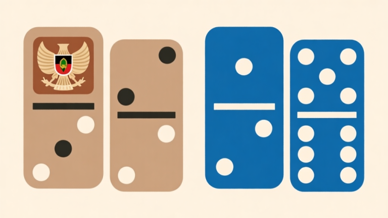 自动生成图片: Ilustrasi dua set domino yang berbeda gaya, satu dengan desain tradisional Indonesia dan satu dengan desain modern internasional, skema warna earth tone dan biru, gaya minimalis clean high quality illustration, detailed, 16:9