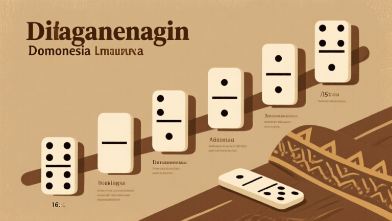 自动生成图片: Ilustrasi sejarah perkembangan domino Indonesia dengan elemen vintage, skema warna earth tone, desain minimal bersih, gaya presentasi edukasi budaya high quality illustration, detailed, 16:9