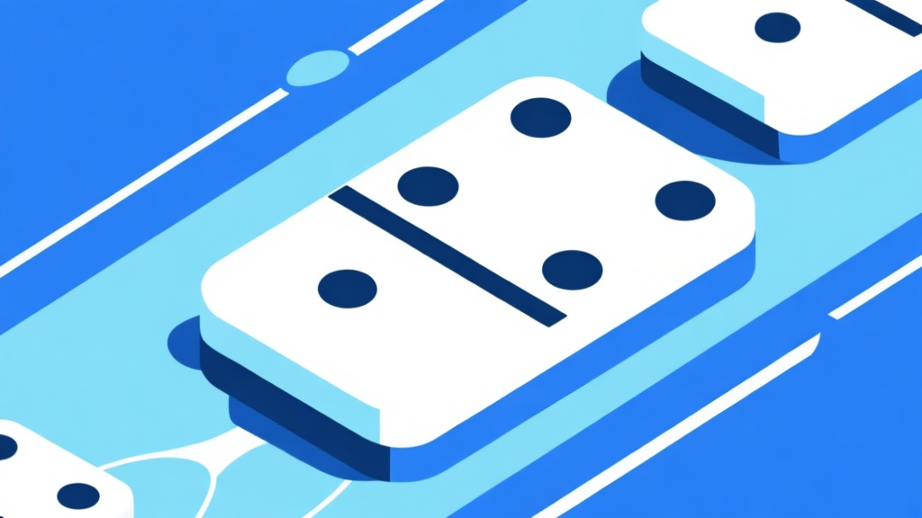 Ilustrasi abstrak papan domino dengan elemen kompetisi, skema warna biru muda dan putih, desain minimal bersih, gaya presentasi profesional high quality illustration, detailed, 16:9