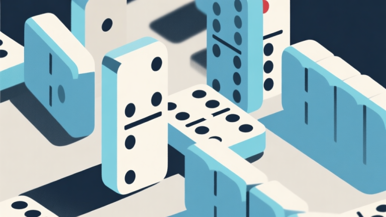 自动生成图片: Ilustrasi abstrak permainan domino dengan elemen tekanan mental, warna netral dengan aksen biru muda, gaya minimalis profesional, konsep tekanan turnamen high quality illustration, detailed, 16:9