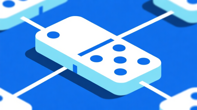 自动生成图片: Ilustrasi abstrak permainan domino dengan garis-garis yang saling terhubung, skema warna biru muda dan putih, desain minimalis bersih, gaya presentasi bisnis profesional high quality illustration, detailed, 16:9